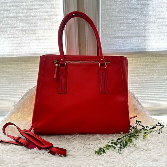 STELLA & DOT Madison Tech Red‎ Orange Pink Expandable Tote Shoulder Bag - Picture 6 of 12